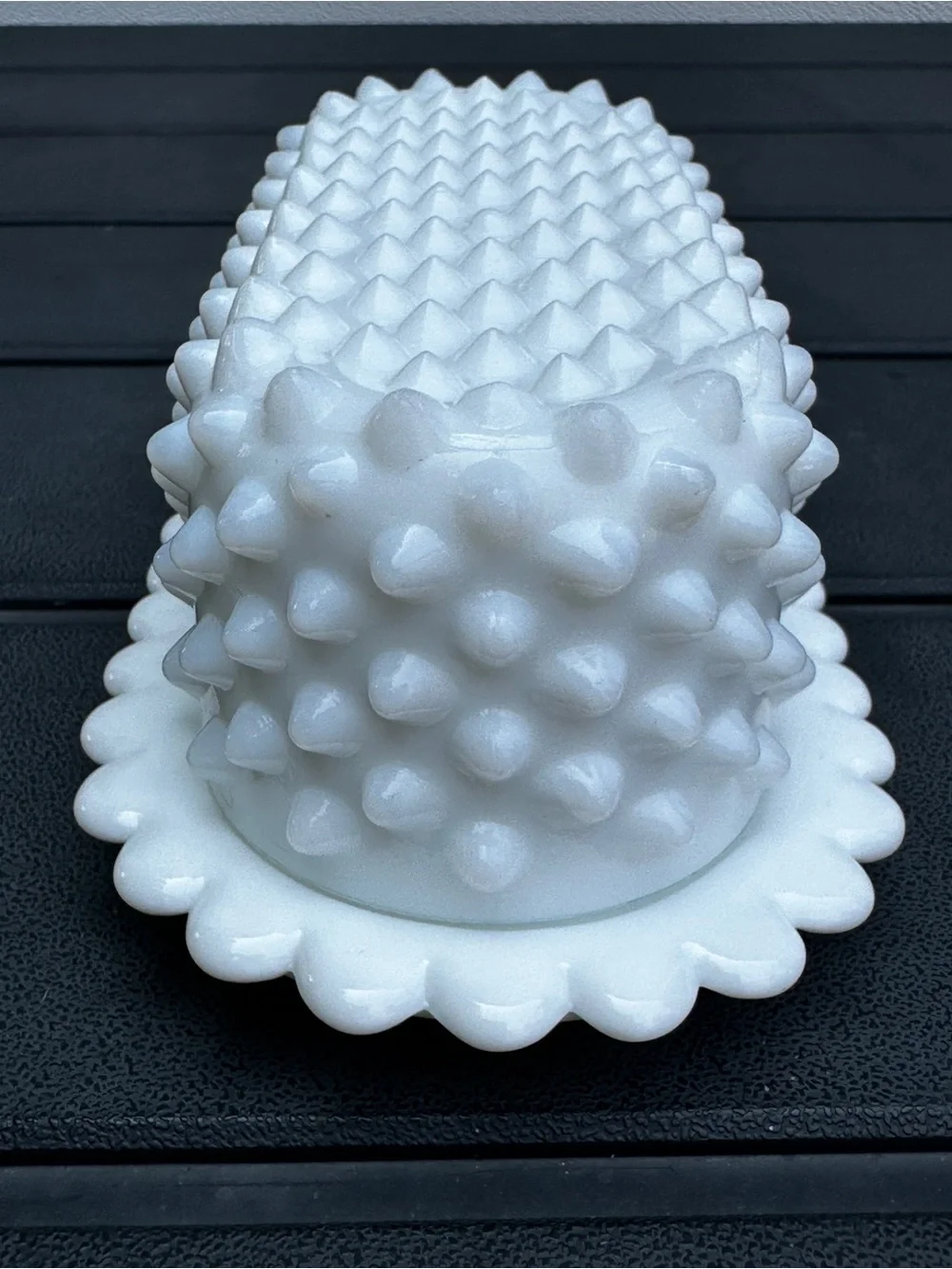 Vintage Fenton Hobnail Milk Glass Covered Butter Dish w/ Scalloped Edge